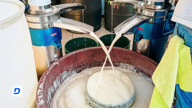 Leche descremada saliendo de los cachos de dos descremadoras hacia un barril, en una quesería